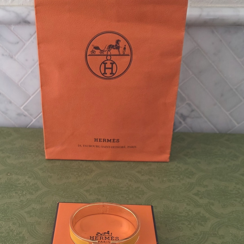 Authentic Hermes Gold & Yellow Cuff Bracelet Hermès Clic H Narrow Size PM (Petit - Picture 2 of 11